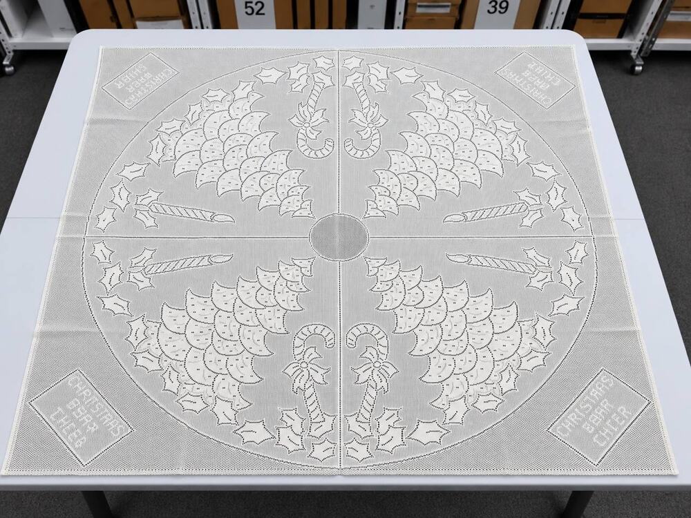 Vintage White Christmas Lace Tablecloth 50x50 In Square Trees Candy Canes Holly